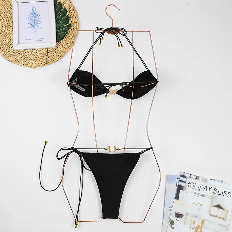 Sexy Halter Micro Bikini Women Swimsuit Solid Swimwear Thong Bikinis Set Brazilian Beach Wear Bathing Suit Biquini Female- DS - mode24h