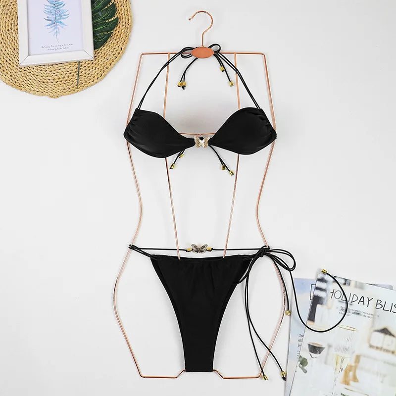 Sexy Halter Micro Bikini Women Swimsuit Solid Swimwear Thong Bikinis Set Brazilian Beach Wear Bathing Suit Biquini Female- DS - mode24h