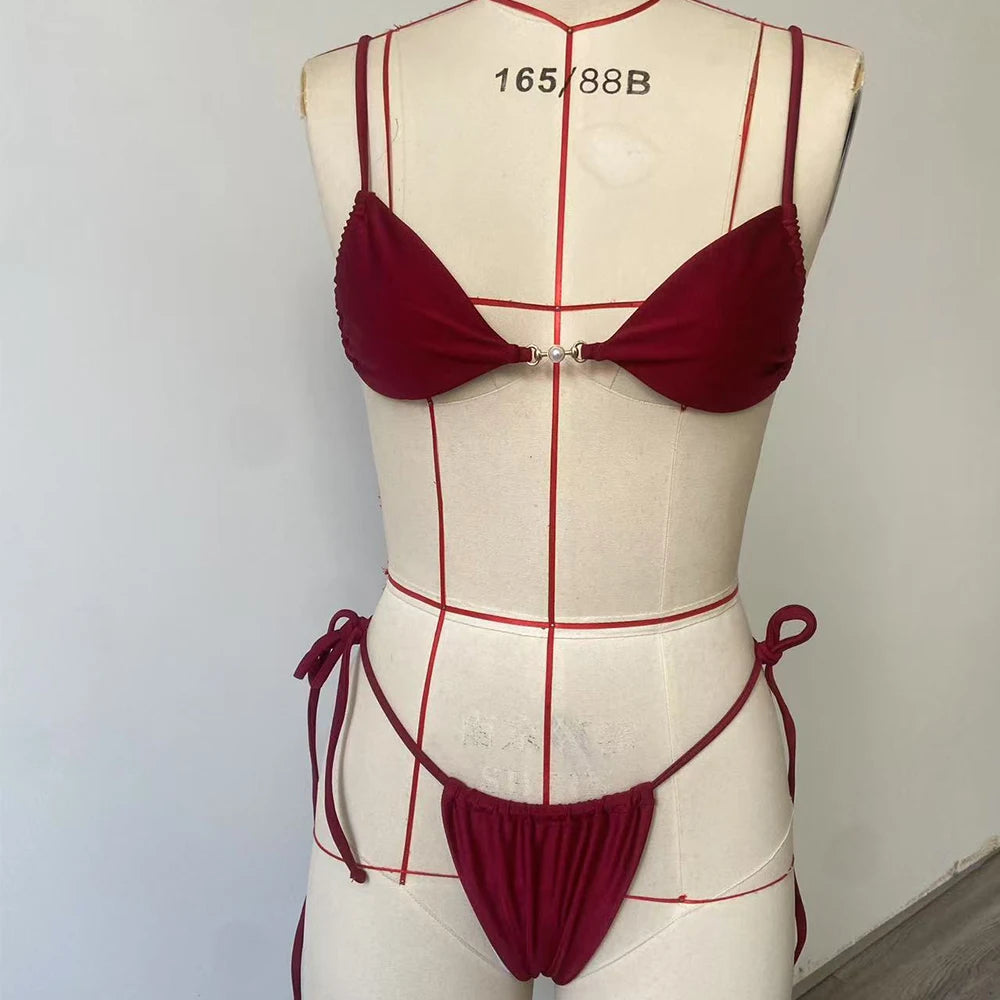 BEACHCICI Swimsuits Woman Bikinis Sets Sexy Halter Solid color Bikini Set Women's Swimsuit Two-piece Triangle Thong Swimwear- DS - mode24h