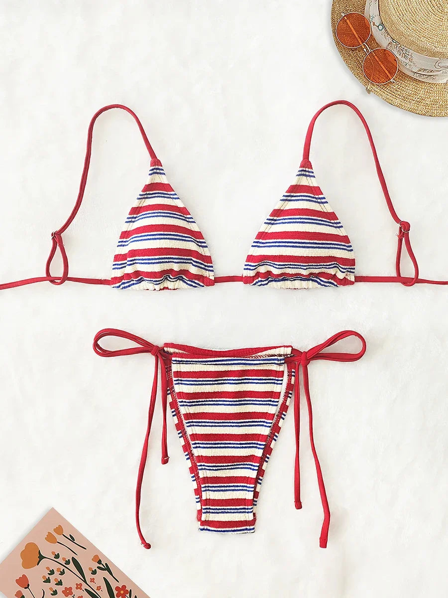 Women's Sexy Push-Up Two-Piece Swimsuit 2025 Bathing Suit Micro Beachwear Stripe Bikini Set Swimwear Trendy Mciro- DS