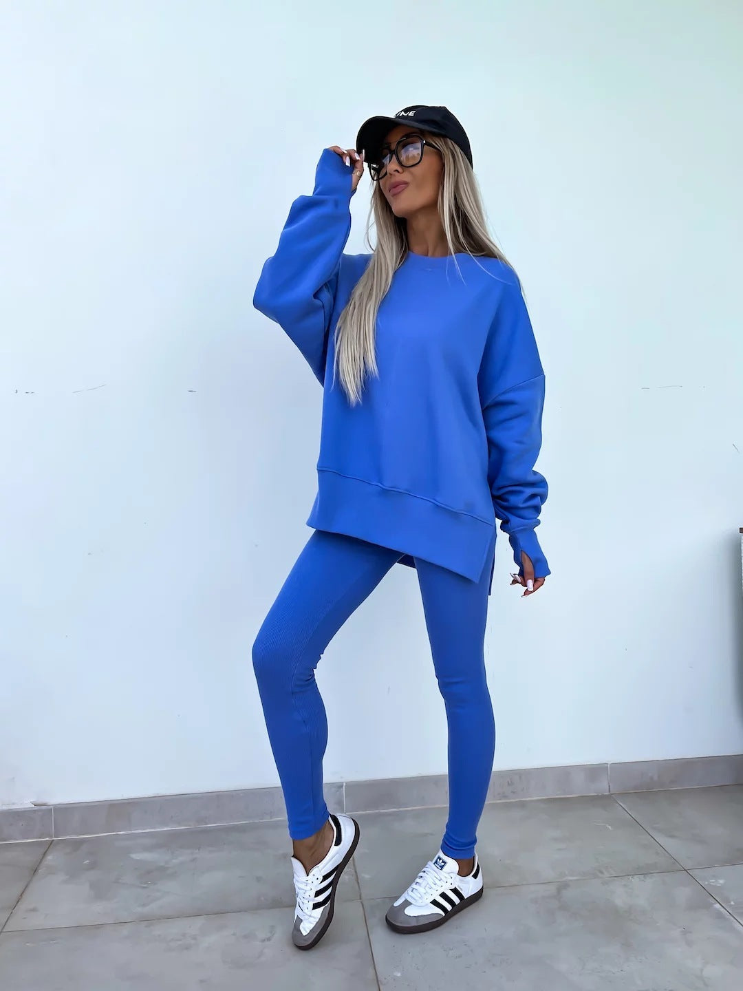Sweater Suit Women's Casual Loose Long Sleeve Crew Neck Split Top Tight Trousers - CJ - mode24h