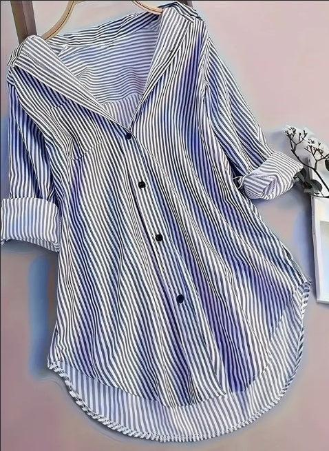Stripe Print Button Front Blouse, Casual Long Sleeve Blouse For Spring & Fall, Women's Clothing- CJ - mode24h