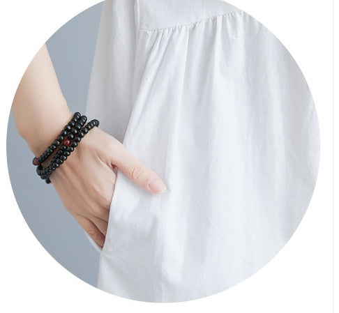 Literary Loose Plain Cotton And Linen Stand Collar Short Sleeves- CJ - mode24h