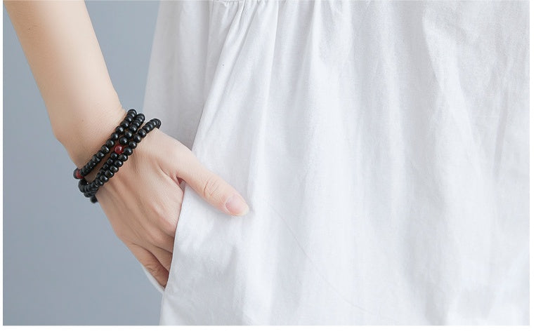 Literary Loose Plain Cotton And Linen Stand Collar Short Sleeves- CJ - mode24h
