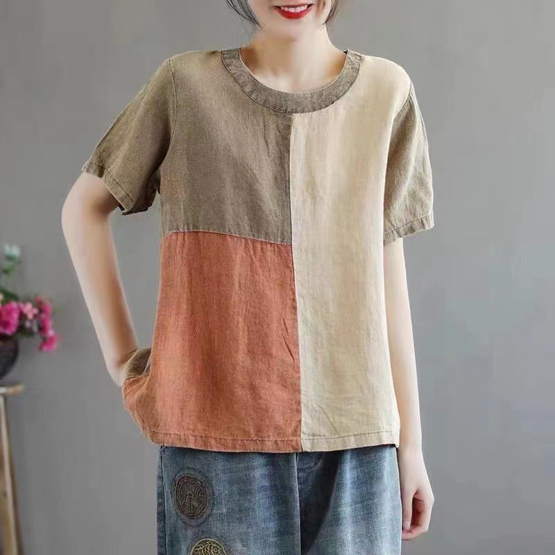 Cotton Linen Contrast Color T-shirt Artistic Design Half Sleeve Women - mode24h