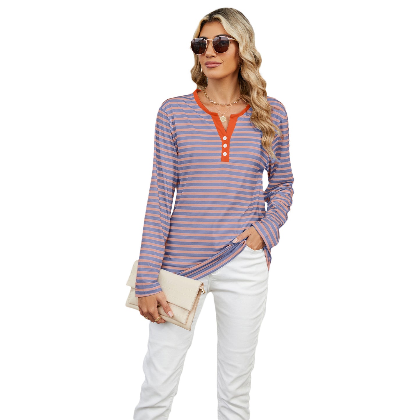 Women's V-neck Striped Loose Long-sleeved T-shirt Top -CJ - mode24h