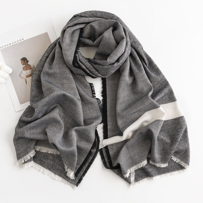 Herringbone Cashmere-Feel Scarf – Monochrome, Tassel, Warm & Stylish - CJ - mode24h