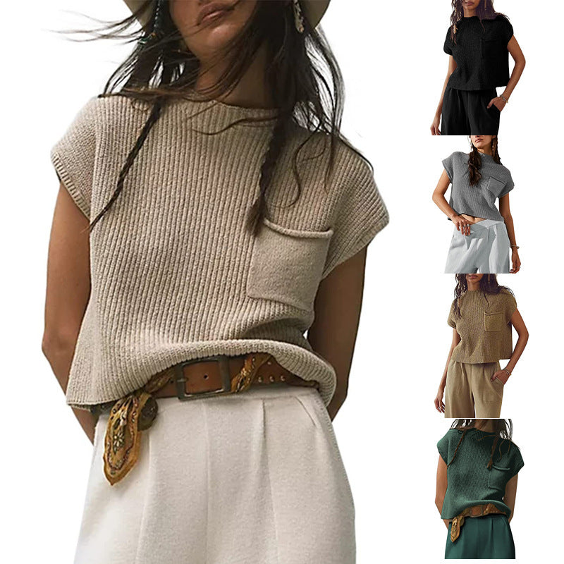 Women's Knitted Sleeveless Pocket Casual Rib Pullover Vest - CJ - mode24h