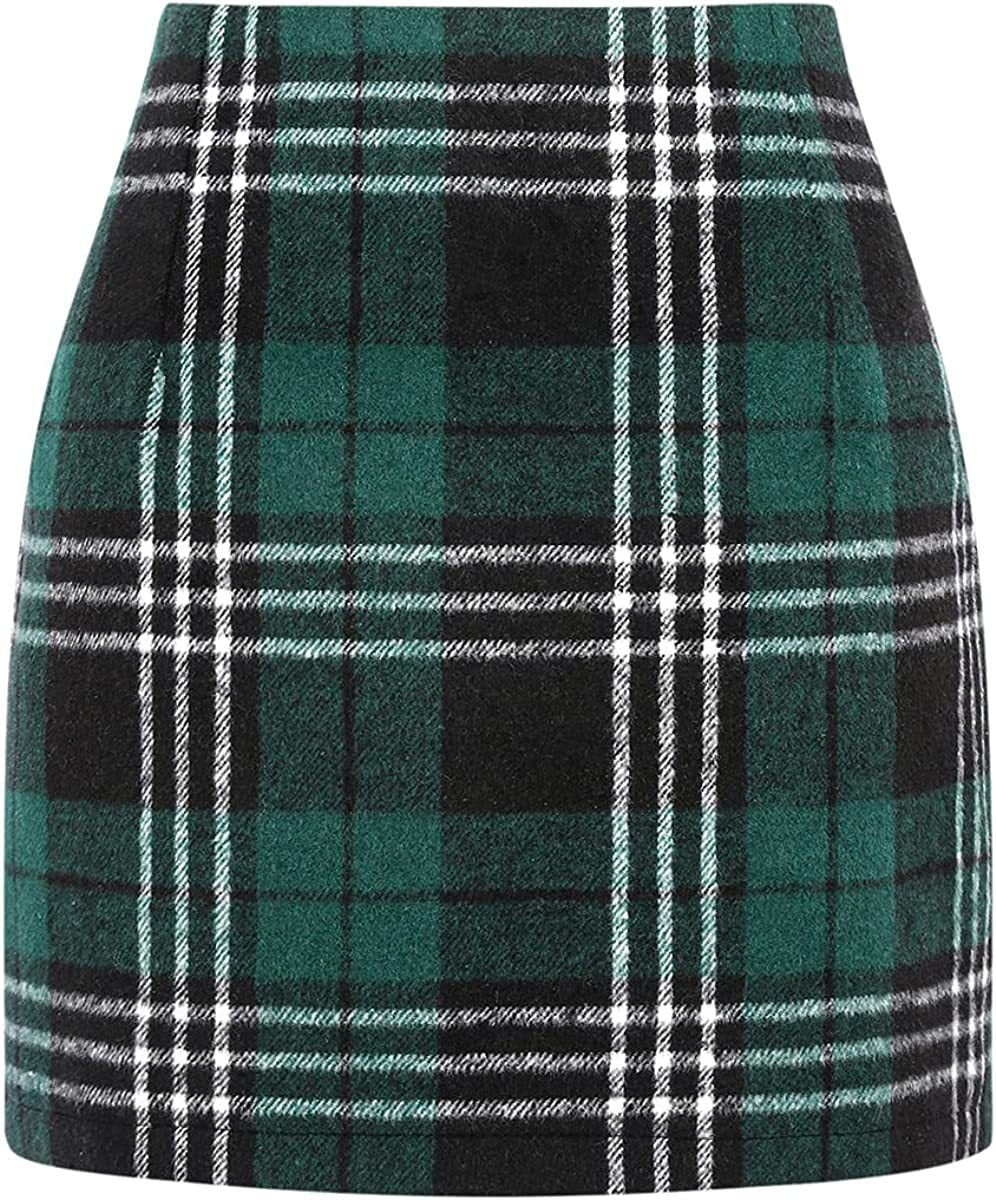 Women's High Waist Plaid Tight Pencil Wool Mini Skirt- CJ - mode24h