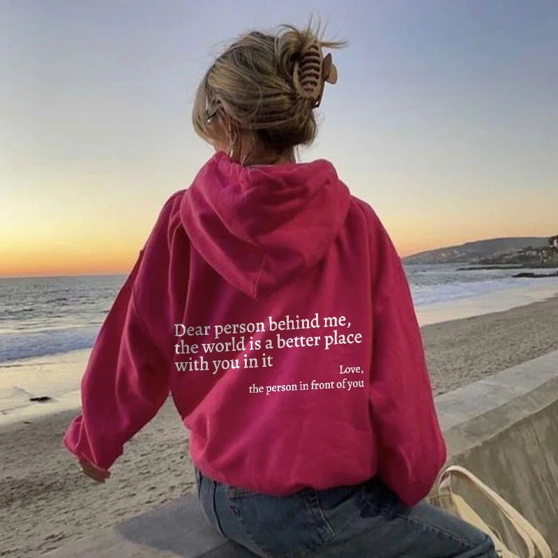 "Dear Person Behind Me" Printed Plush Hoodie- CJ - mode24h