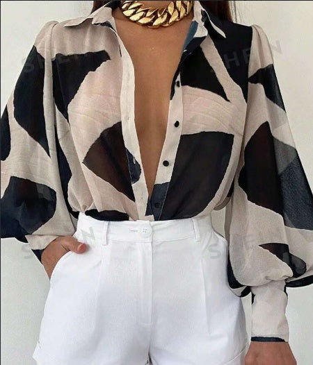 Women's Elegant Loose Geometric Print Lantern Sleeve Blouse, Spring & Summer - CJ - mode24h