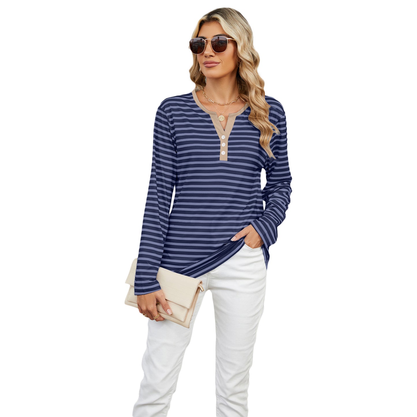 Women's V-neck Striped Loose Long-sleeved T-shirt Top -CJ - mode24h