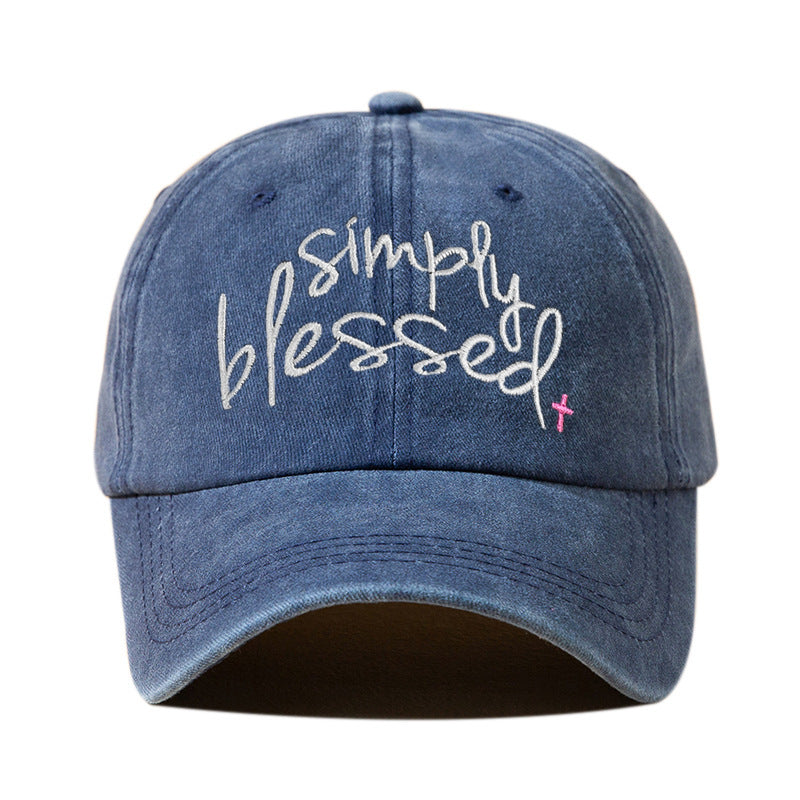 Simply Blessed Wide Brim Sunshade Washed Embroidered English Letter Baseball Cap- CJ - mode24h