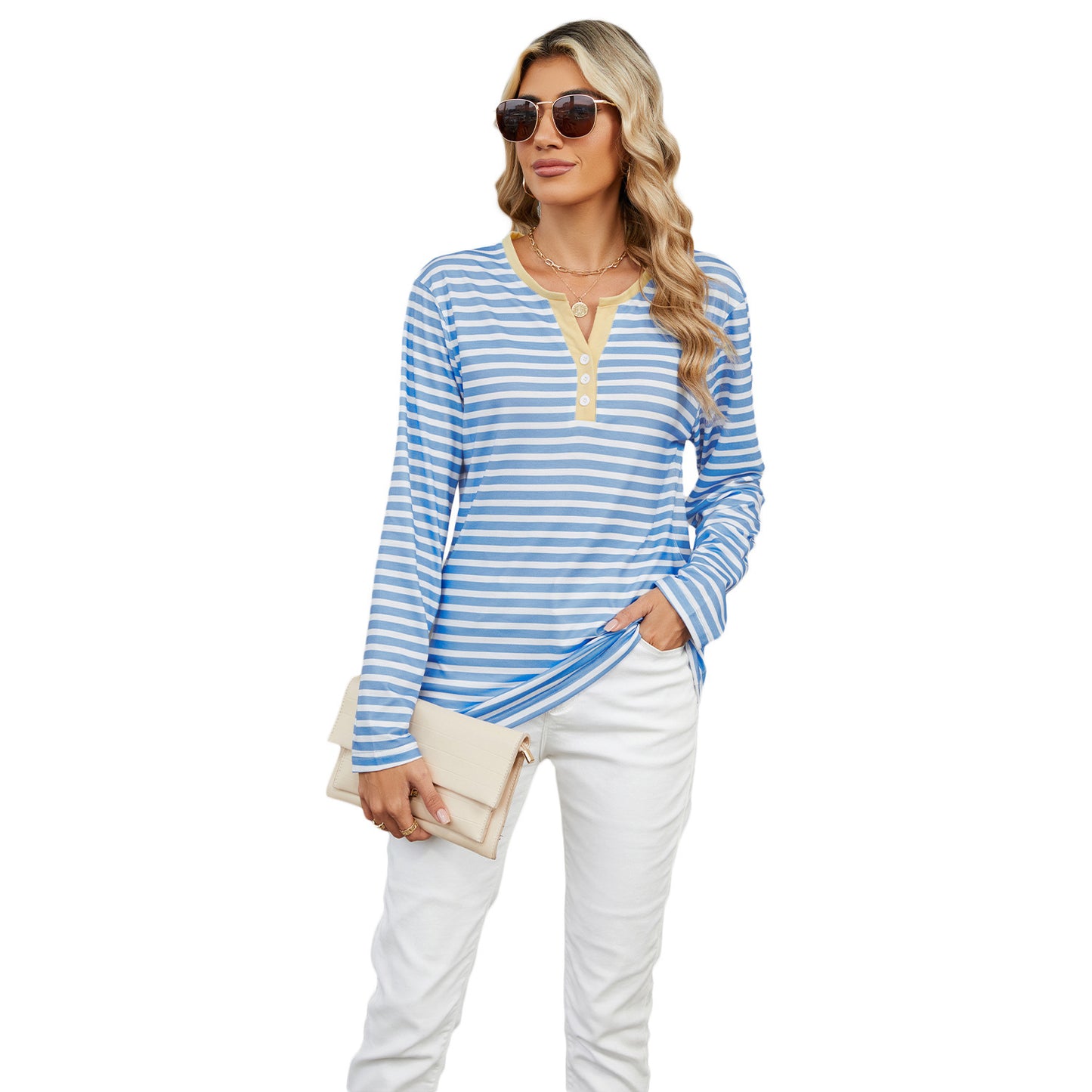 Women's V-neck Striped Loose Long-sleeved T-shirt Top -CJ - mode24h