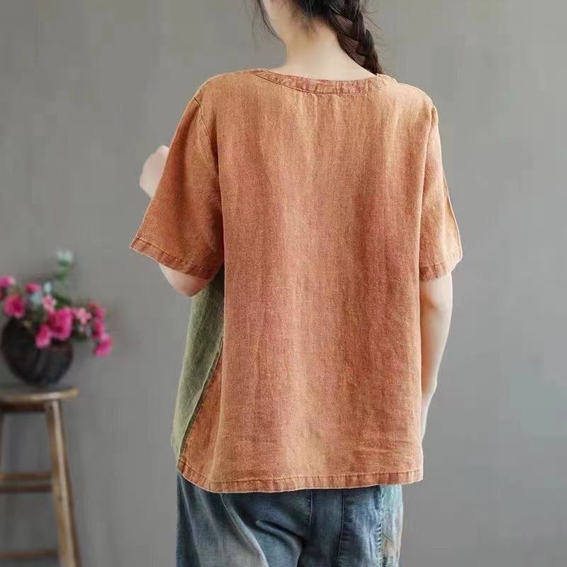 Cotton Linen Contrast Color T-shirt Artistic Design Half Sleeve Women - mode24h