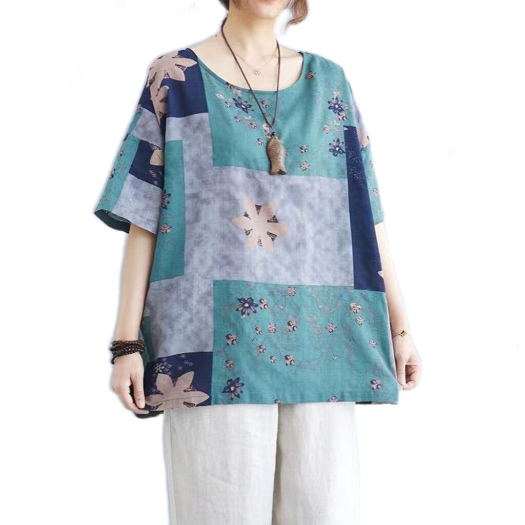 Ethnic Style Loose Round Neck Print Short Sleeve T-shirt -CJ - mode24h