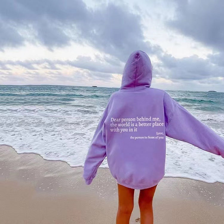 "Dear Person Behind Me" Printed Plush Hoodie- CJ - mode24h