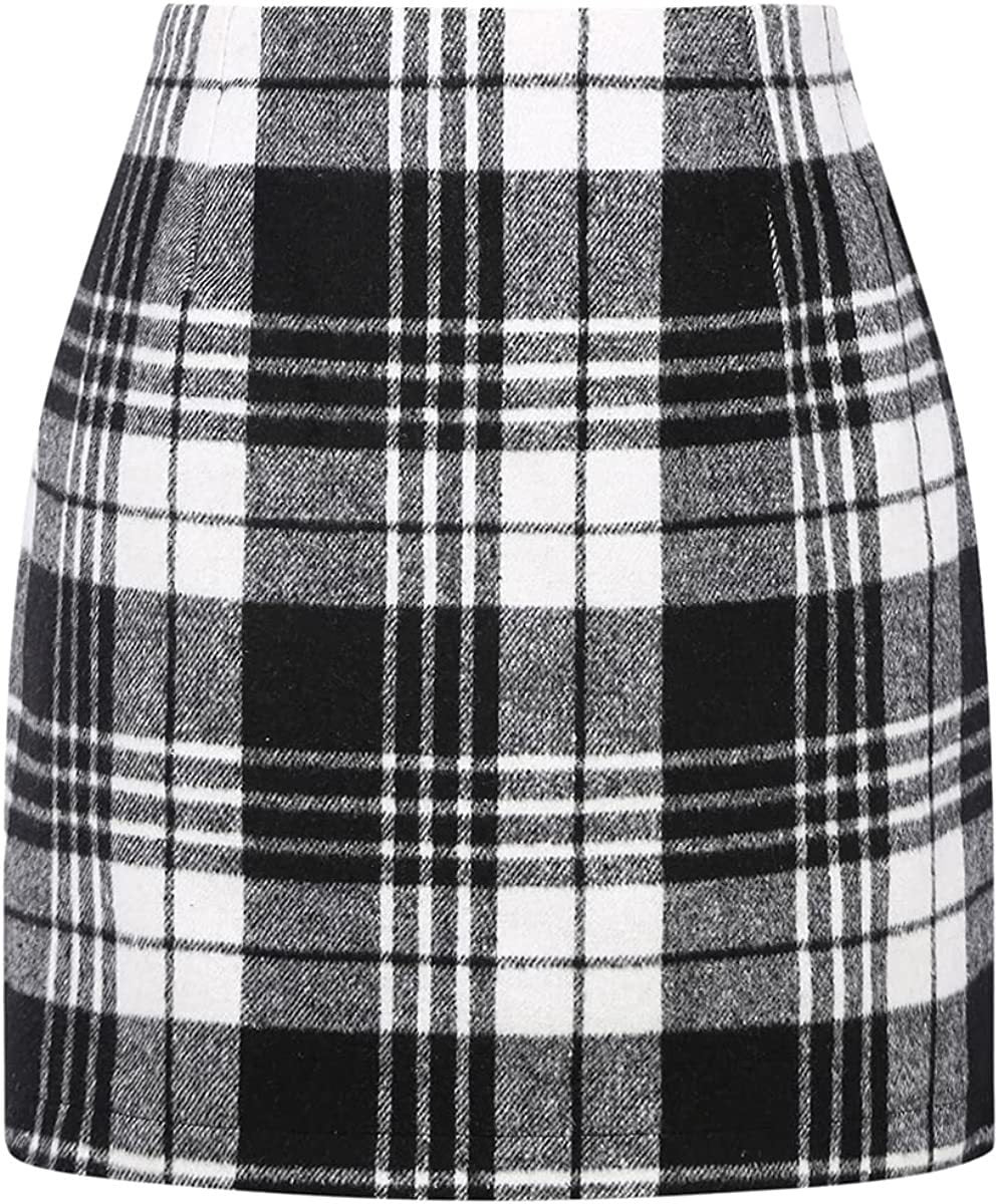 Women's High Waist Plaid Tight Pencil Wool Mini Skirt- CJ - mode24h