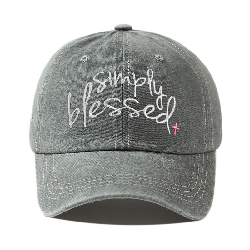 Simply Blessed Wide Brim Sunshade Washed Embroidered English Letter Baseball Cap- CJ - mode24h