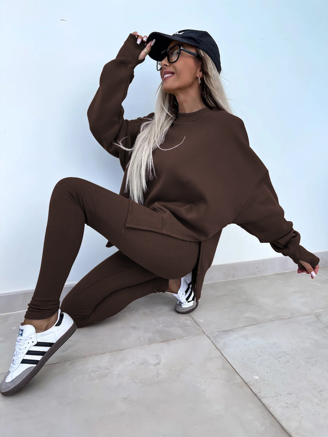 Sweater Suit Women's Casual Loose Long Sleeve Crew Neck Split Top Tight Trousers - CJ - mode24h