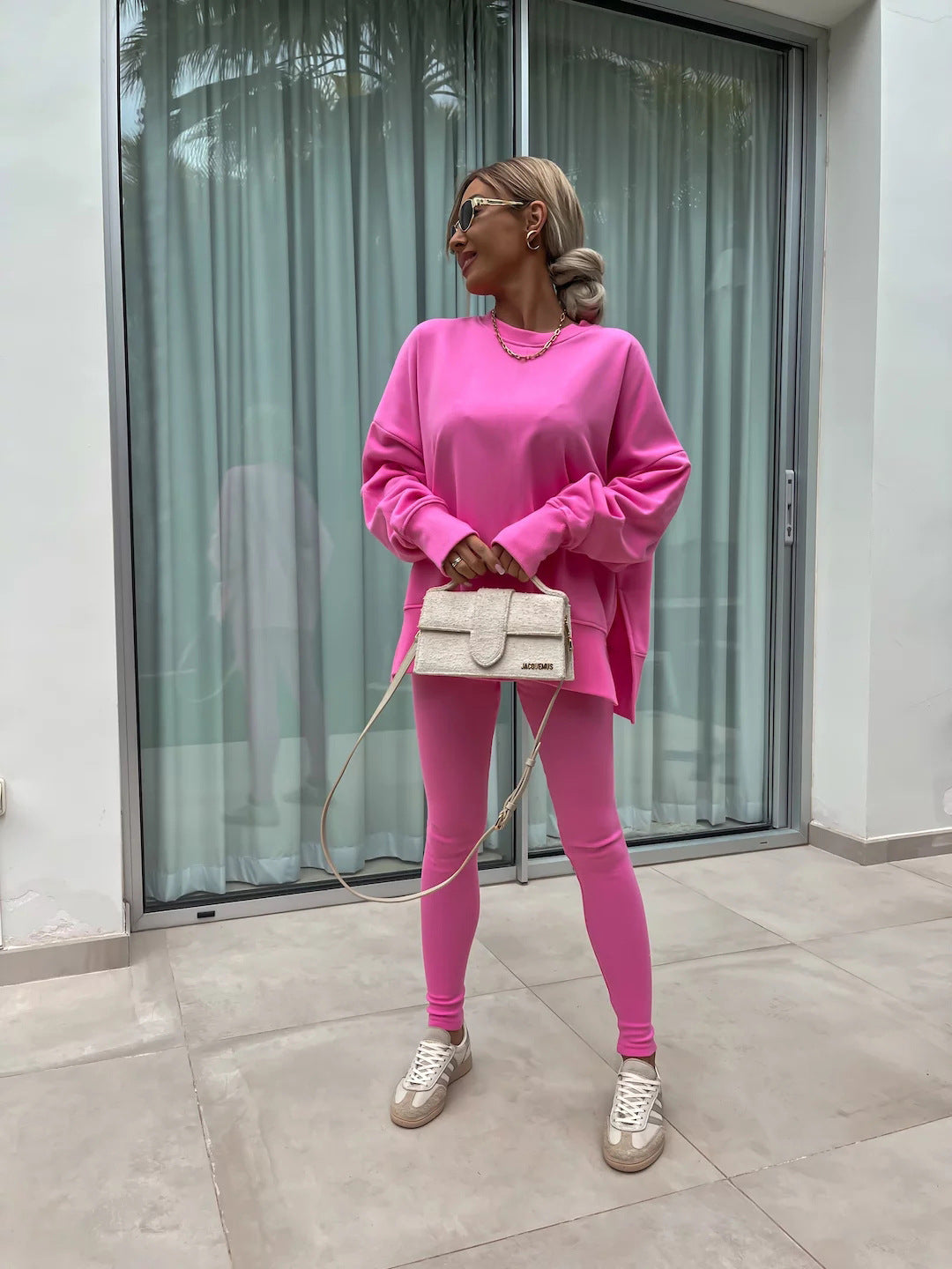 Sweater Suit Women's Casual Loose Long Sleeve Crew Neck Split Top Tight Trousers - CJ - mode24h