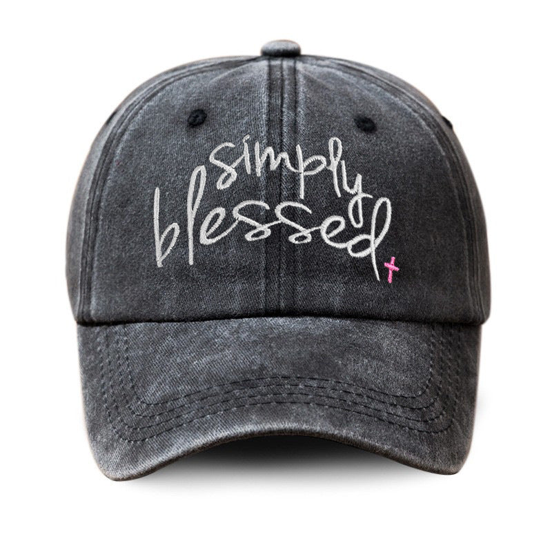 Simply Blessed Wide Brim Sunshade Washed Embroidered English Letter Baseball Cap- CJ - mode24h