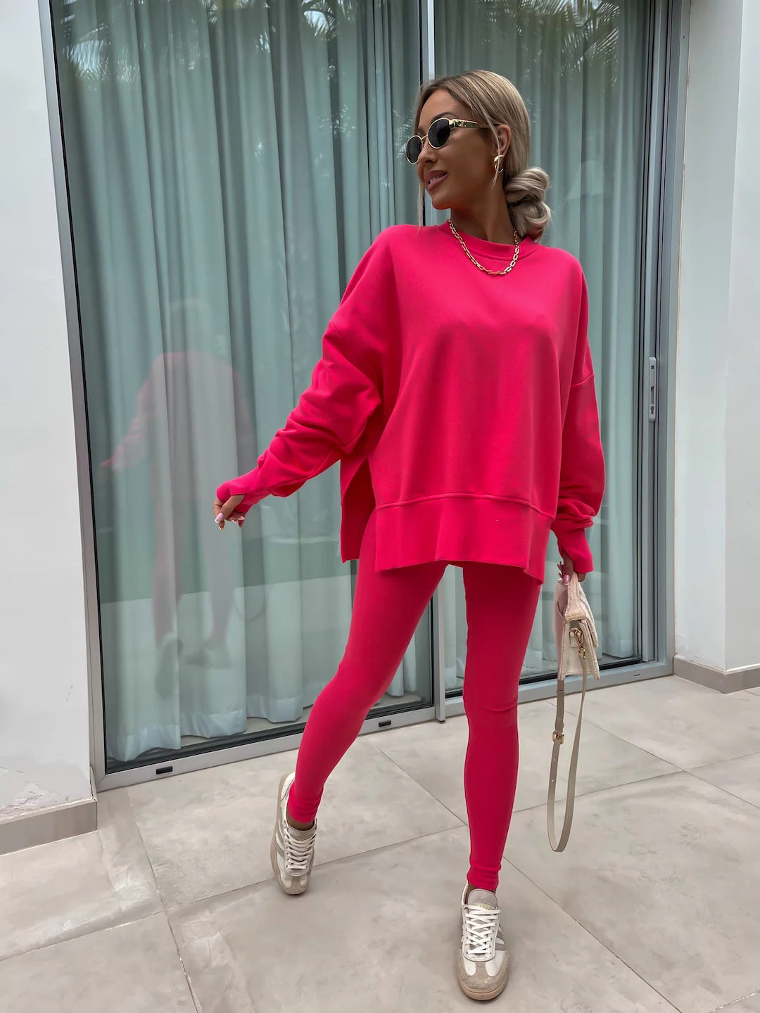 Sweater Suit Women's Casual Loose Long Sleeve Crew Neck Split Top Tight Trousers - CJ - mode24h