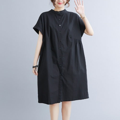 Literary Loose Plain Cotton And Linen Stand Collar Short Sleeves- CJ - mode24h