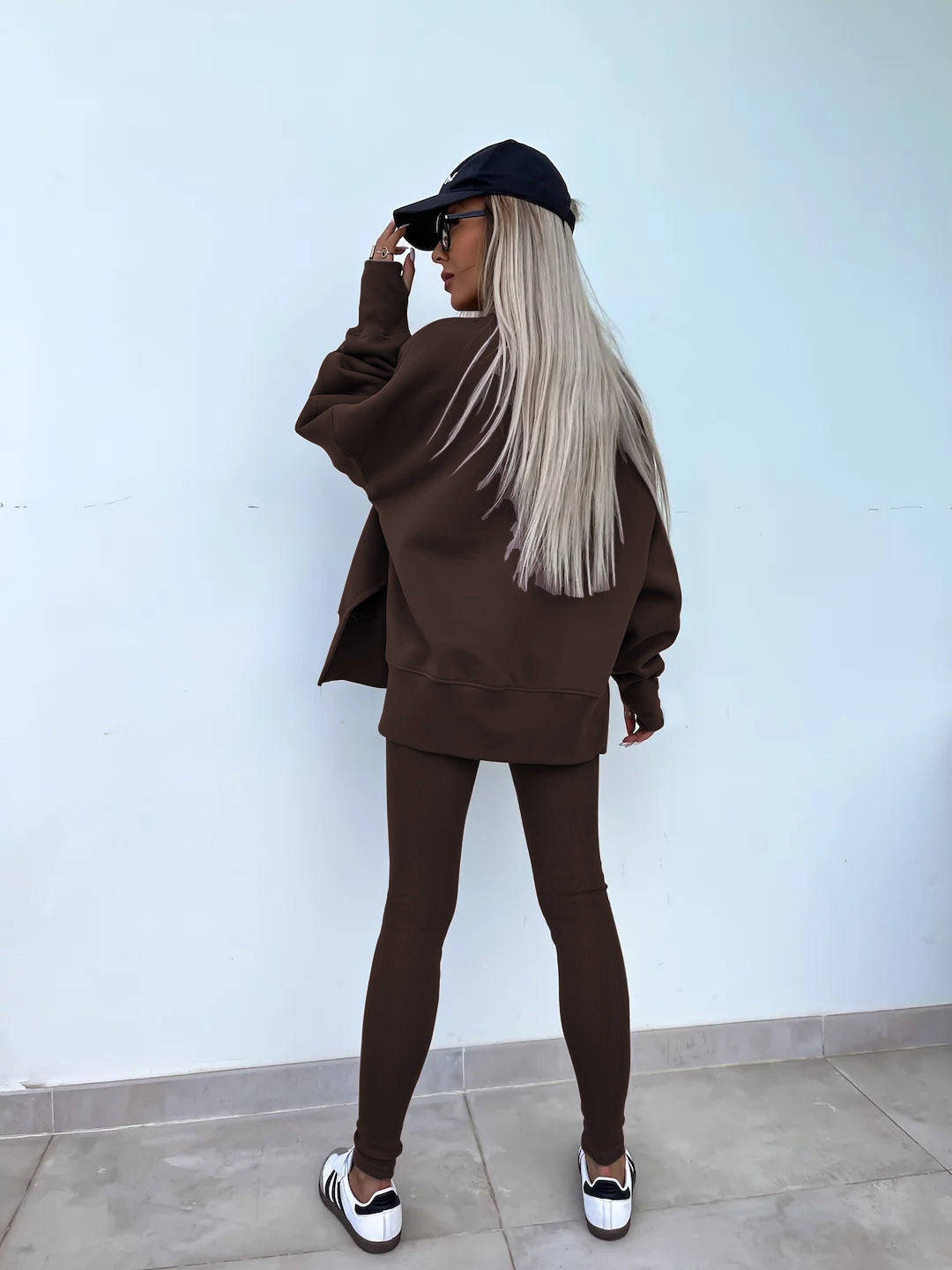 Sweater Suit Women's Casual Loose Long Sleeve Crew Neck Split Top Tight Trousers - CJ - mode24h