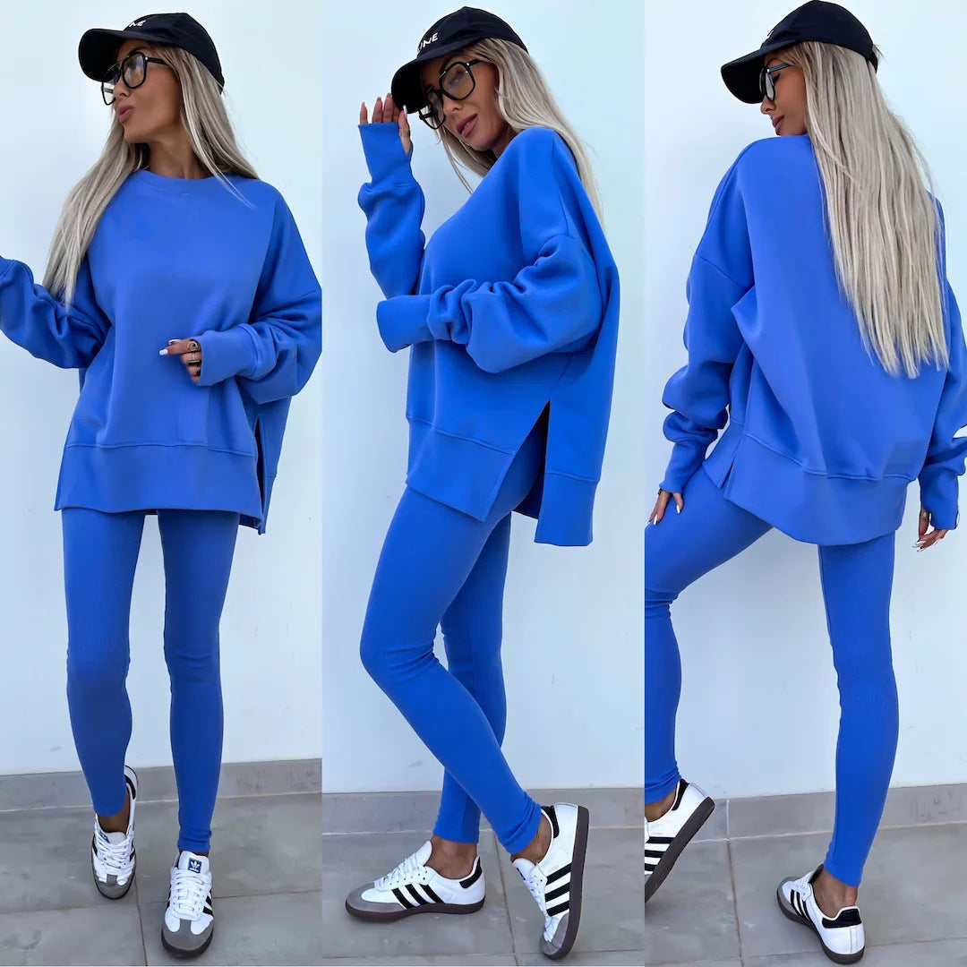 Sweater Suit Women's Casual Loose Long Sleeve Crew Neck Split Top Tight Trousers - CJ - mode24h