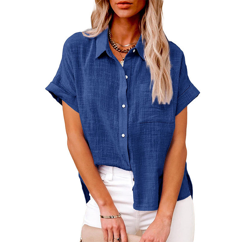 Women's Fashion Casual Cotton Linen Pocket Short-sleeved Shirt - CJ - mode24h