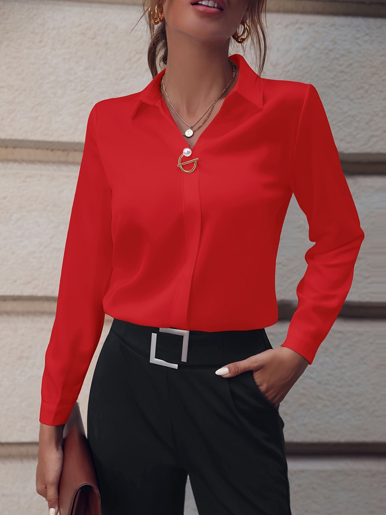 Fashionable Elegant Business Style Long Sleeve Shirt With Pearl Button- CJ - mode24h