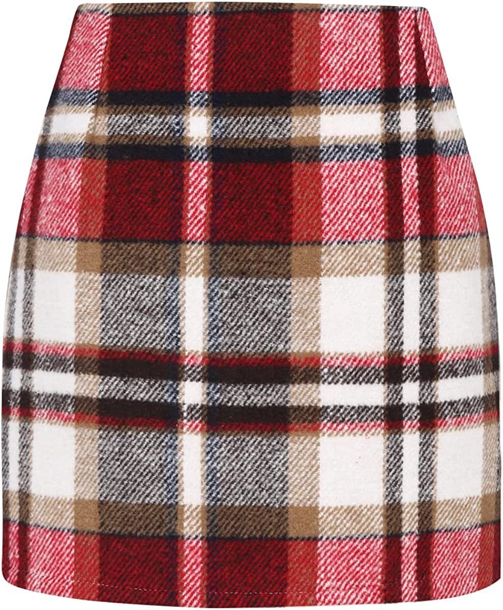 Women's High Waist Plaid Tight Pencil Wool Mini Skirt- CJ - mode24h