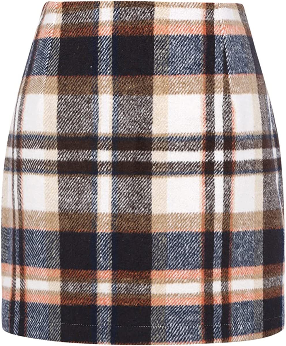 Women's High Waist Plaid Tight Pencil Wool Mini Skirt- CJ - mode24h