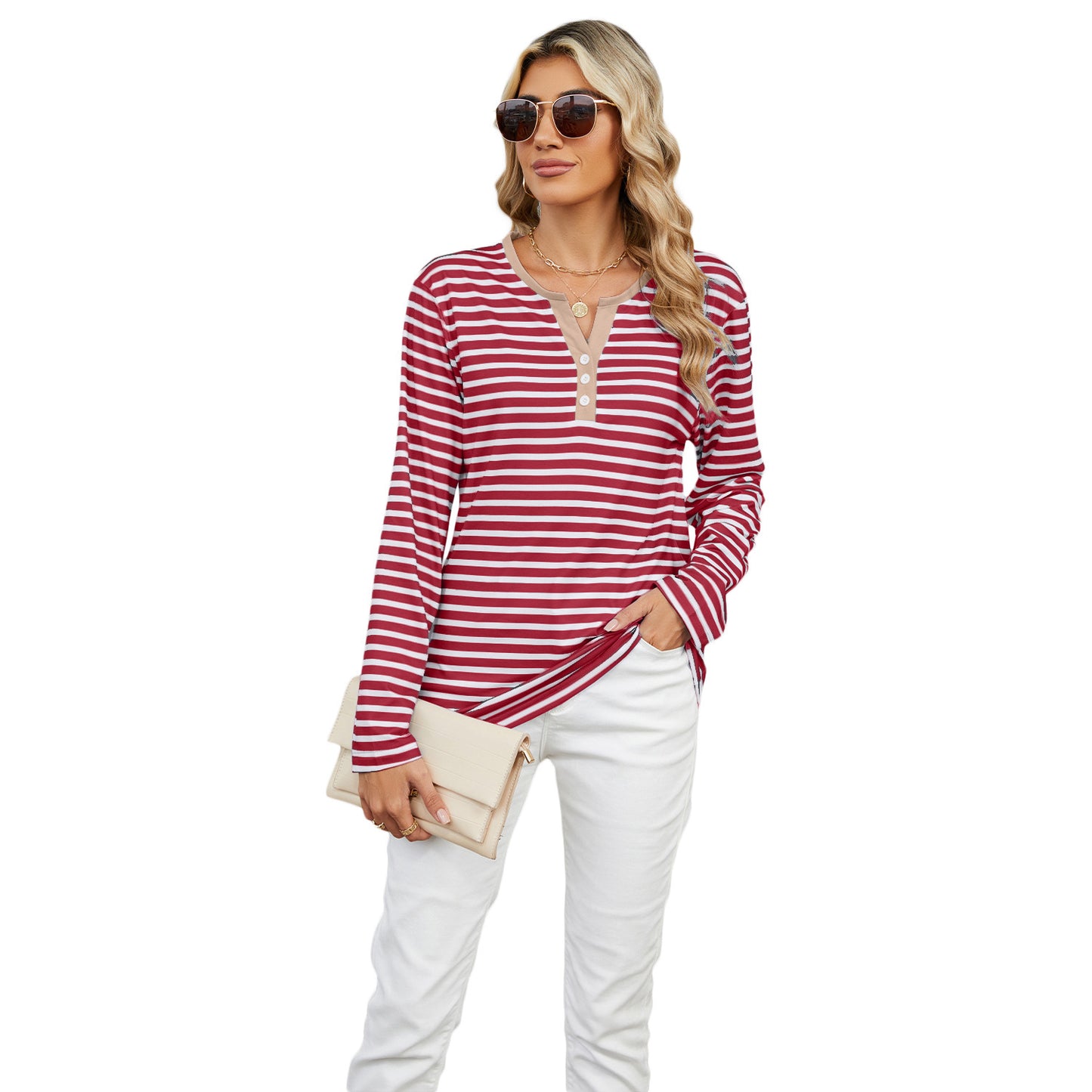 Women's V-neck Striped Loose Long-sleeved T-shirt Top -CJ - mode24h