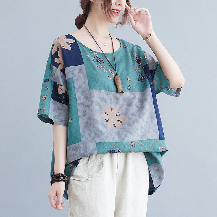 Ethnic Style Loose Round Neck Print Short Sleeve T-shirt -CJ - mode24h