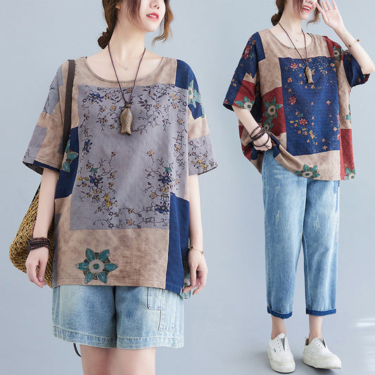 Ethnic Style Loose Round Neck Print Short Sleeve T-shirt -CJ - mode24h