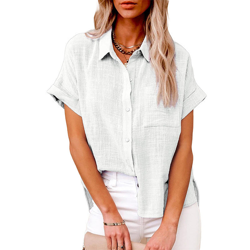 Women's Fashion Casual Cotton Linen Pocket Short-sleeved Shirt - CJ - mode24h