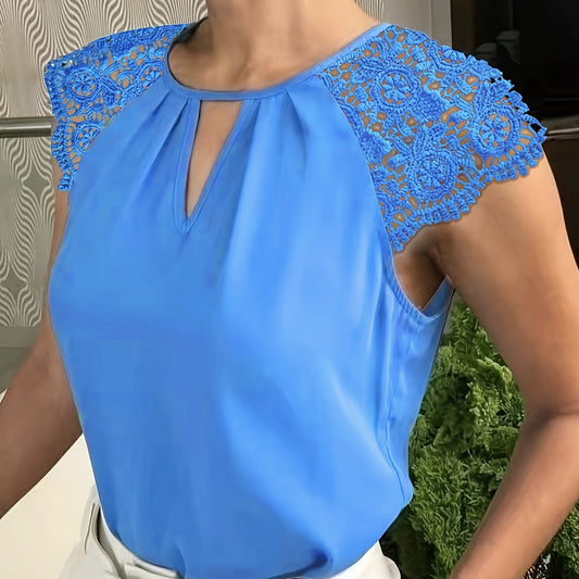 Women's Summer Top With Contrasting Lace Buttonhole Collar-CJ - mode24h