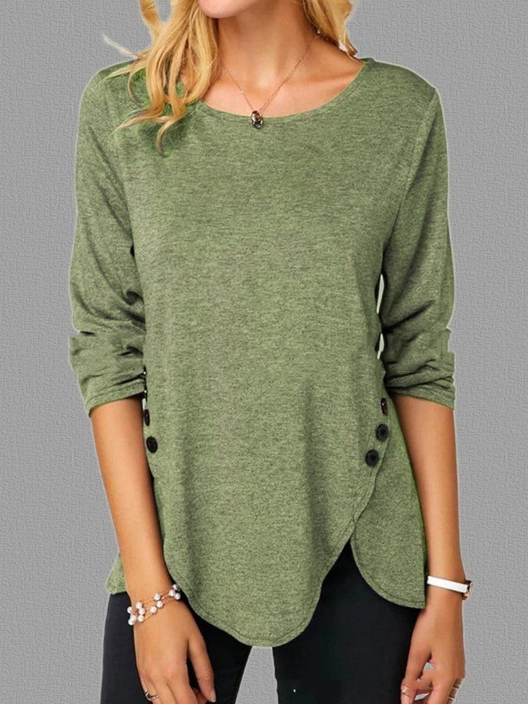 Irregular Button Hem Long Sleeved Round Neck Oversized T-shirt -CJ - mode24h