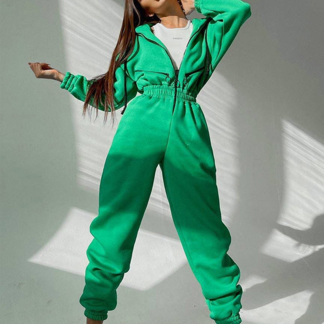 Casual Women Basic Hoodie Two Piece Sets Zipper Drawstring - CJ - mode24h