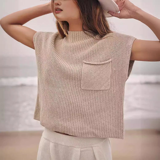 Women's Knitted Sleeveless Pocket Casual Rib Pullover Vest - CJ - mode24h