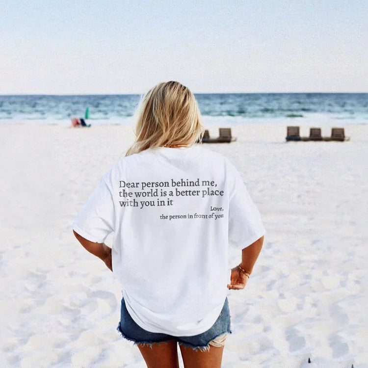 New Fashion Womens Letter T-Shirt Round Neck Short Sleeve Slogan Tee Top - CJ - mode24h