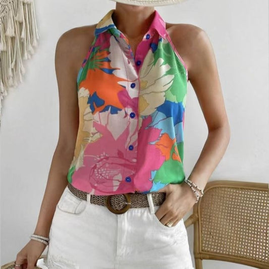 Ladies' Colorful Floral Print Sleeveless Vacation Style Loose Chiffon Shirt - CJ - mode24h
