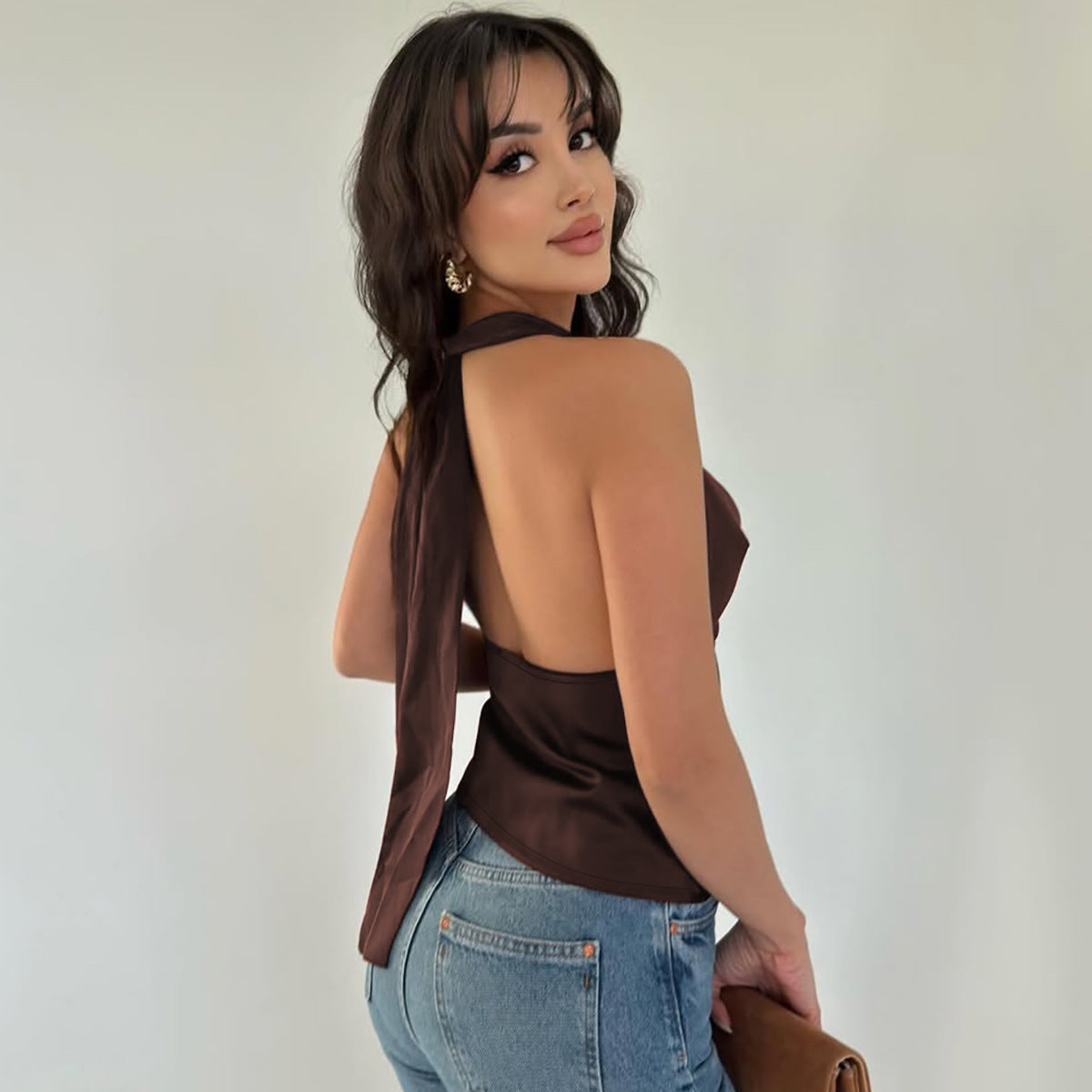 Women's Halter Backless Tank Vest Fashion Solid Color Slim Fit Tied Tube Top - mode24h