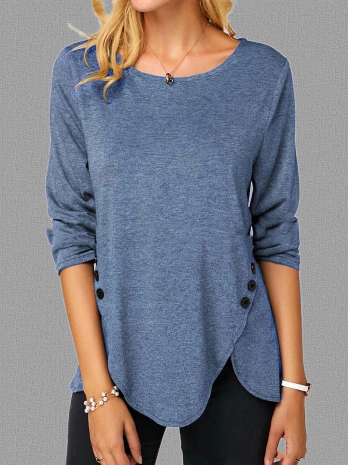 Irregular Button Hem Long Sleeved Round Neck Oversized T-shirt -CJ - mode24h