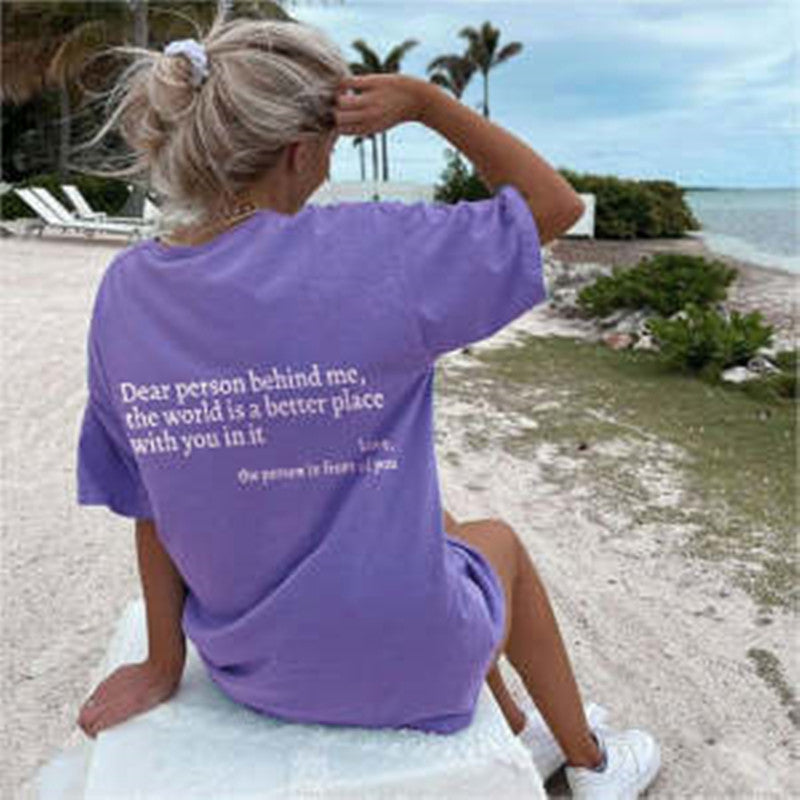 New Fashion Womens Letter T-Shirt Round Neck Short Sleeve Slogan Tee Top - CJ - mode24h