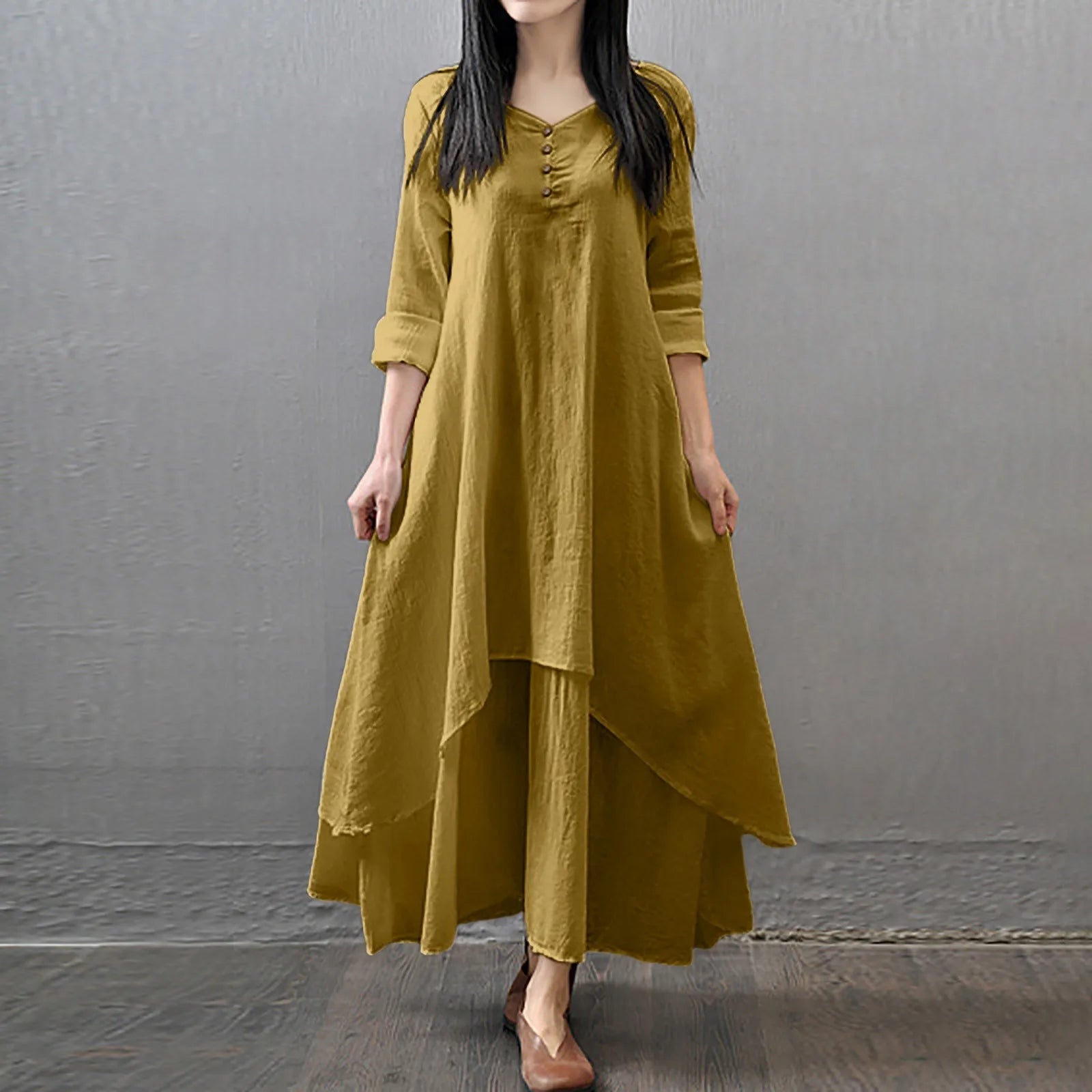 Women's Bohemian White Linen Long Sleeve Maxi Dress - DS - mode24h