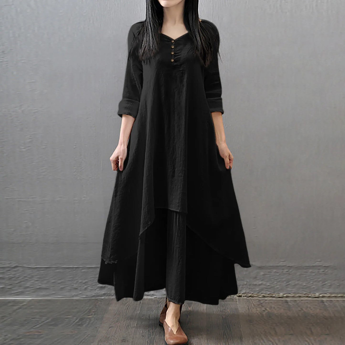 Women's Bohemian White Linen Long Sleeve Maxi Dress - DS - mode24h