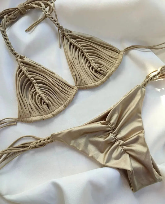 Braided Rope Brazilian Bikini – Sexy Bandage Stripe Two-Piece Swimwear -DS